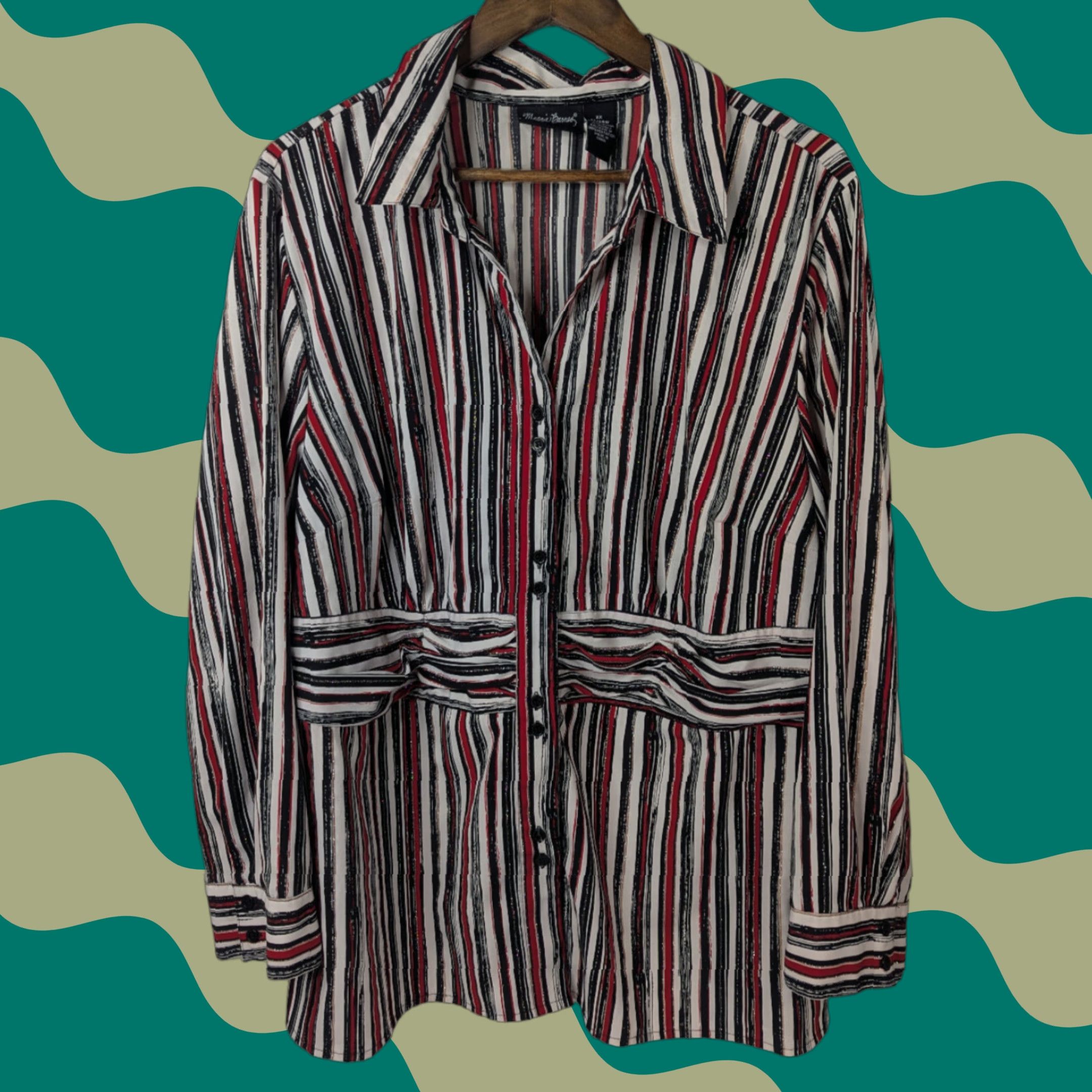 Vintage Maggie Barnes Shirt 2X Womens Red Stripe Button Front Stretch V-Neck Long Sleeve Casual Size XXL / US 16-18 / IT 52-54 - 1 Thumbnail