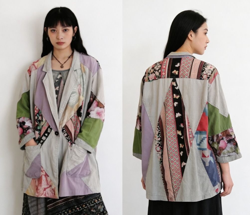 Japanese Brand VTG Bohemian Patchwork Linen Blend Oversized Blazer Jacket Size XL / US 12-14 / IT 48-50 - 2 Thumbnail