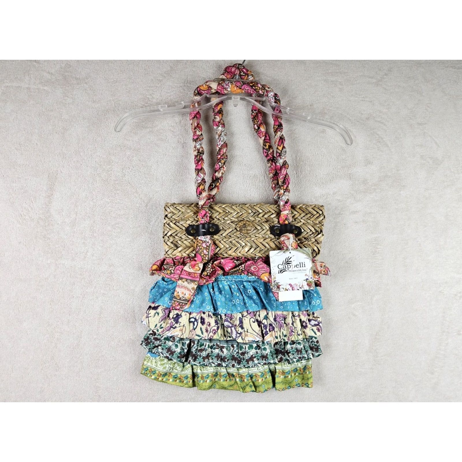 Vintage Cappelli Straworld Bohemian Wicker Fabric Shoulder Handbag Purse Bag Pink Beige Pattern Floral Bucket & Drawstring Medium Women Size ONE SIZE - 4 Thumbnail
