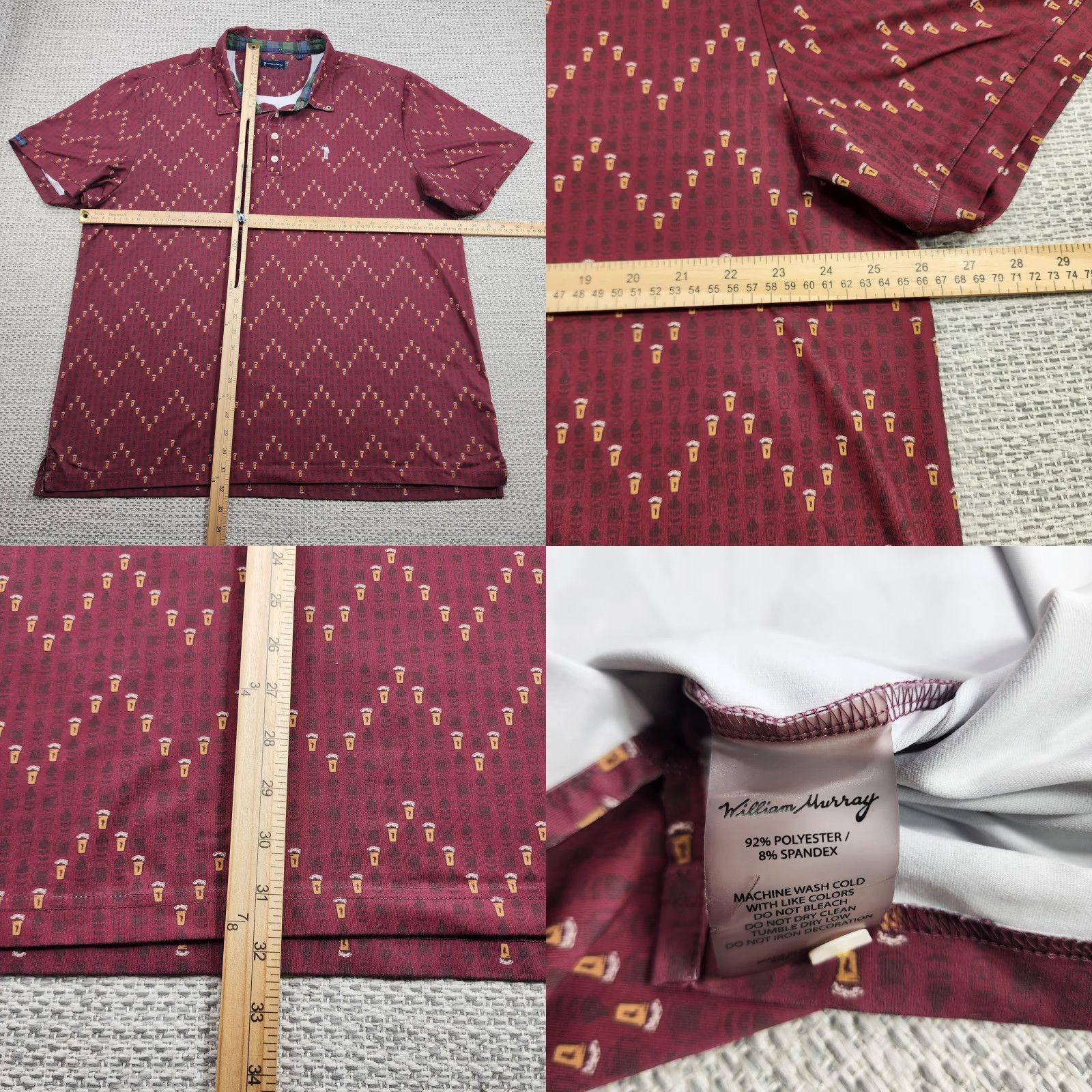 Vintage William Murray Polo Shirt Mens 2XL Burgundy Beer Pint Print Golf Performance Shirt Polo Mens 2XL Size US XXL / EU 58 / 5 - 8 Thumbnail