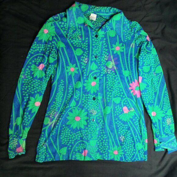 Jantzen Vintage Jantzen MCM Floral Polyester Button Shirt Shear Size L / US 10 / IT 46 - 2 Thumbnail