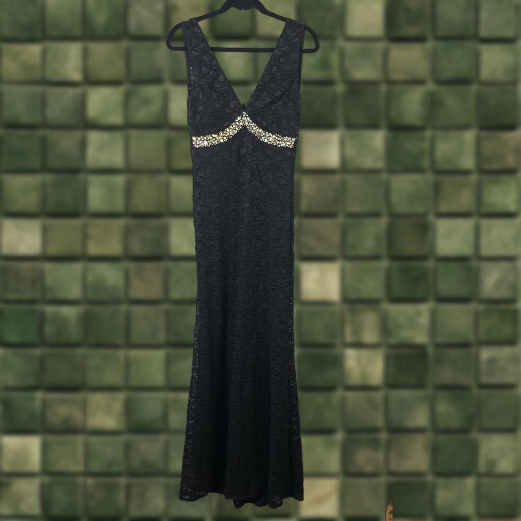La Scala Dress Womens Large Black Lace Maxi Evening Gown Beaded Formal  Sleeveless V-Neck Zip - coffeafoods.com