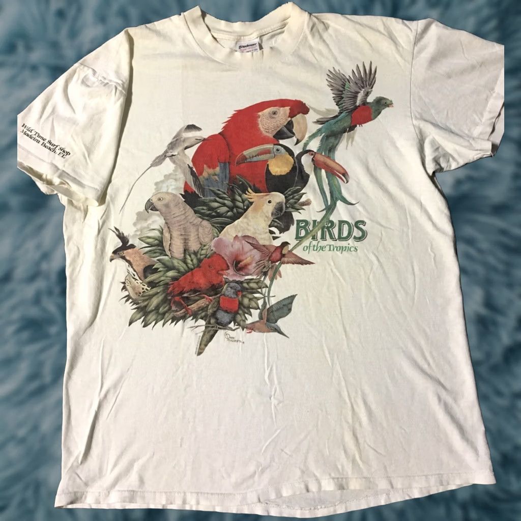 Vintage VINTAGE Birds Of The Tropics T-Shirt XL White Short Sleeve Stedman 80s 90s Grunge Distressed Single Stitch Nature Art Mens Size US XL / EU 56 / 4 - 1 Thumbnail
