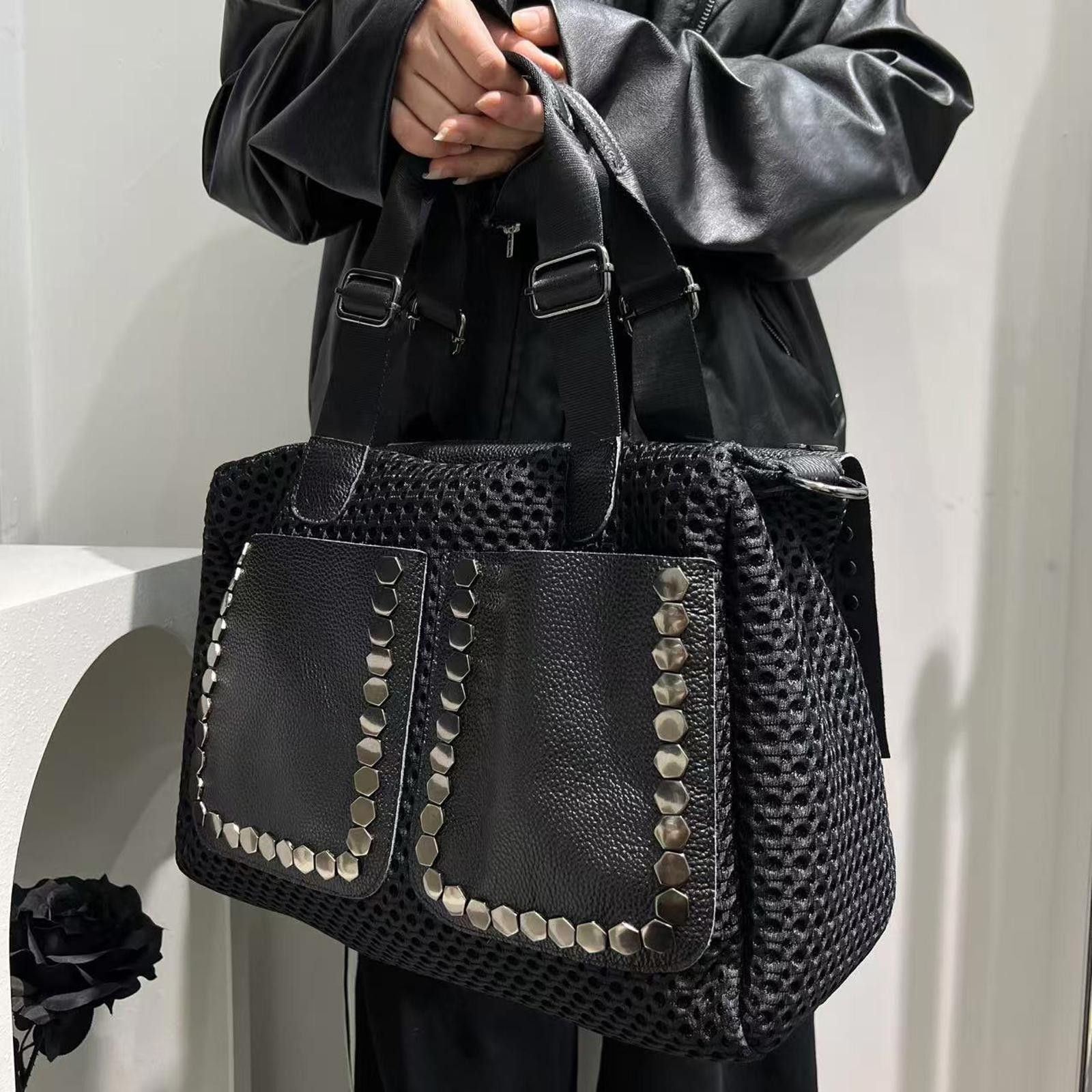Vintage Black Studded Textured Handbag, Leather Accent Tote Size ONE SIZE - 4 Thumbnail