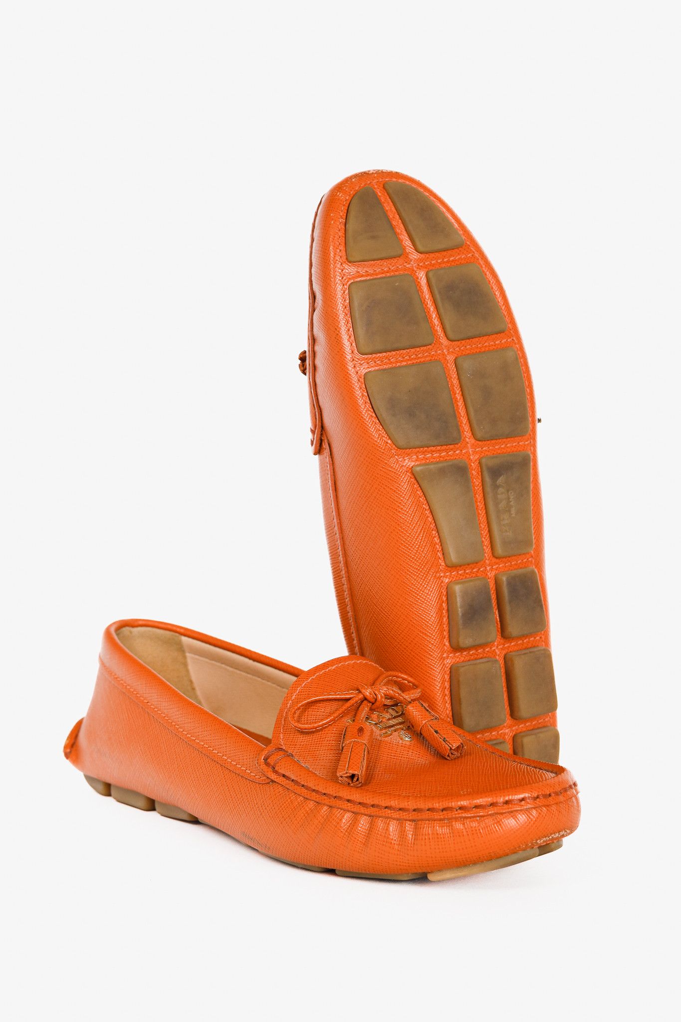 Prada Prada Orange Saffiano Leather Tassel-Bow Loafers Size US 7 / IT 37 - 5 Thumbnail