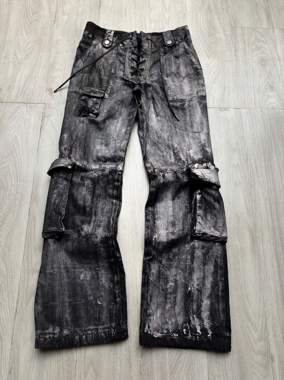 Japanese Brand VERTGARMENTS silver wax lace up flare jeans Size US 26 / EU 42 - 1 Thumbnail