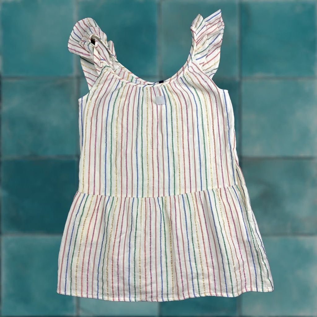 Gap GAP Shirt Womens XS White Multicolor Metallic Stripe Ruffle Sleeve Peplum Top Size XS / US 0-2 / IT 36-38 - 1 Thumbnail