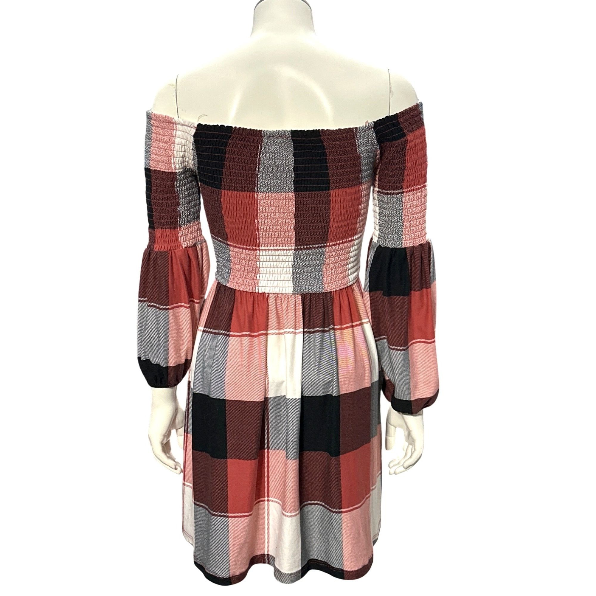 Other 205 Collins Red Plaid Smocked Off Shoulder Flare Mini Dress Size S / US 4 / IT 40 - 5 Thumbnail