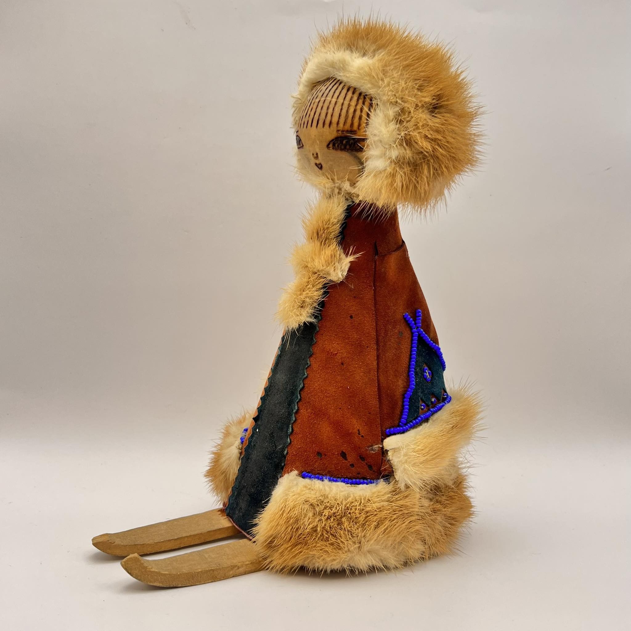 Vintage Vintage Wooden Natural Fur Hand Made Figurine Eskimo Girl Size ONE SIZE - 1 Thumbnail