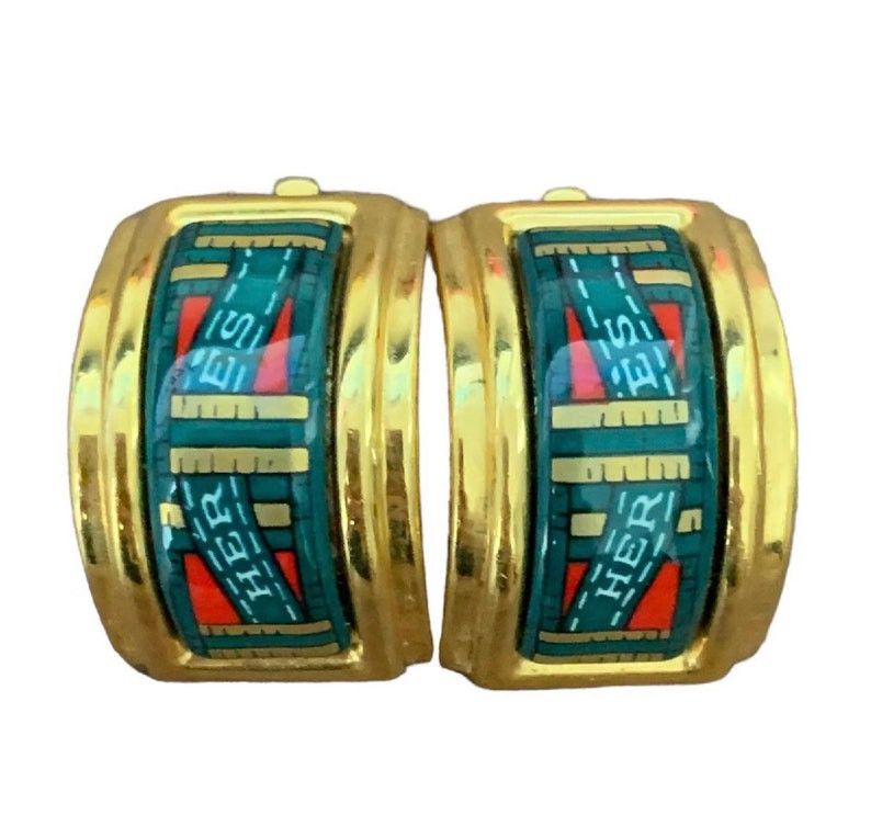 image of Hermes Vintage Cloisonne Golden Earrings With Green And Red in Black, Women's