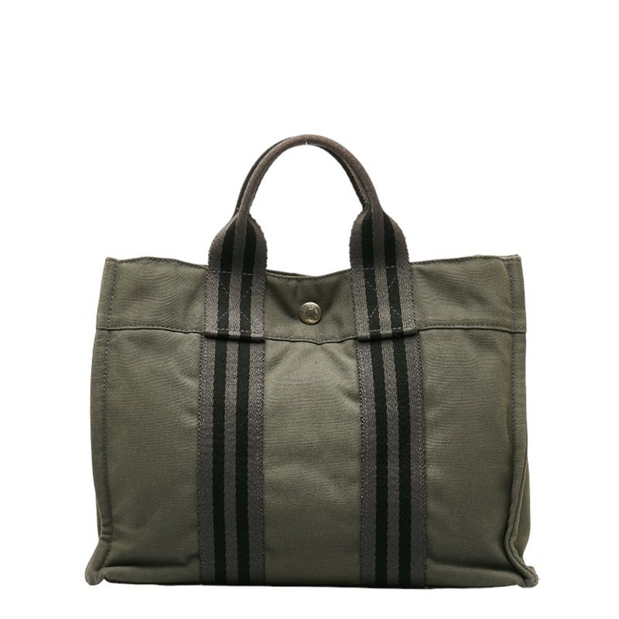image of Hermes Fool Toe Pm Handbag Tote Bag Khaki Gray Cotton Ladies Hermes in Grey, Women's