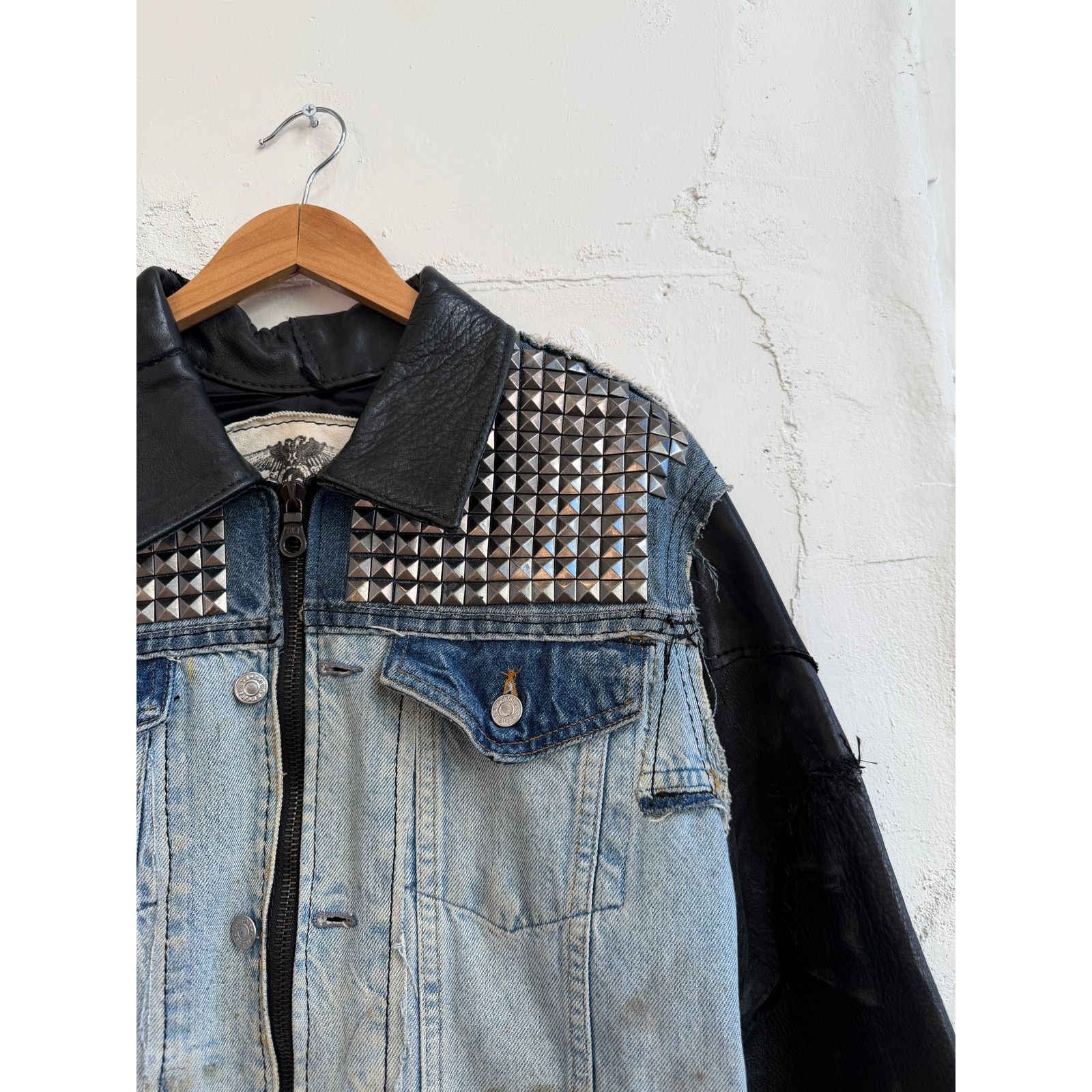Other Junker Designs Upcycled Leather/Denim Studded Jacket Size US XL / EU 56 / 4 - 5 Thumbnail