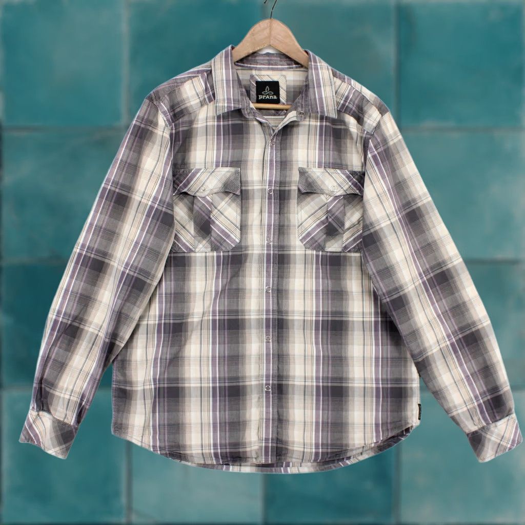 Prana Prana Shirt Mens L Gray Purple Plaid Snap Front Western Long Sleeve Outdoor Shirt Size US L / EU 52-54 / 3 - 1 Thumbnail