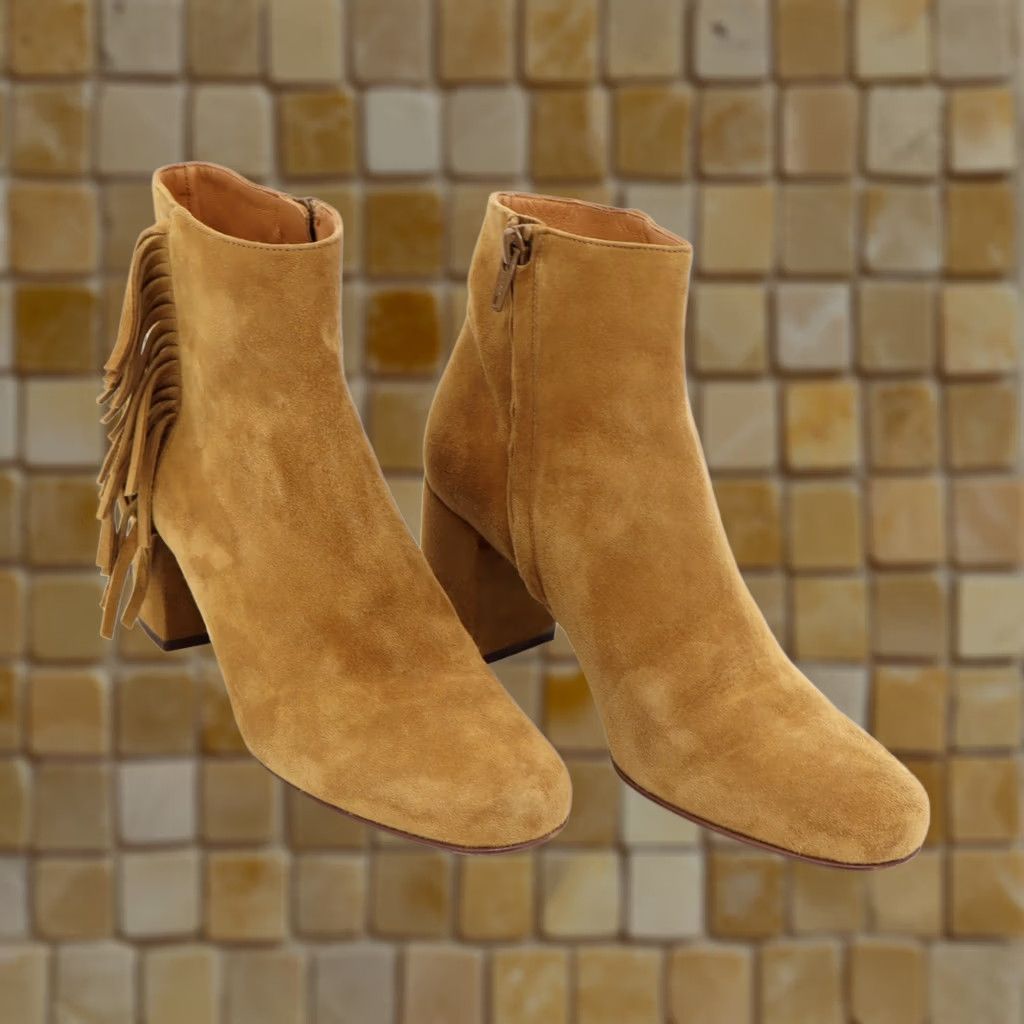 Yves Saint Laurent Yves Saint Laurent Tan Suede Fringe Zip Ankle Boots Sz 6 Womens Leather Lining 2.5" Heel Italy Bootie Size US 5.5 / IT 35.5 - 1 Thumbnail