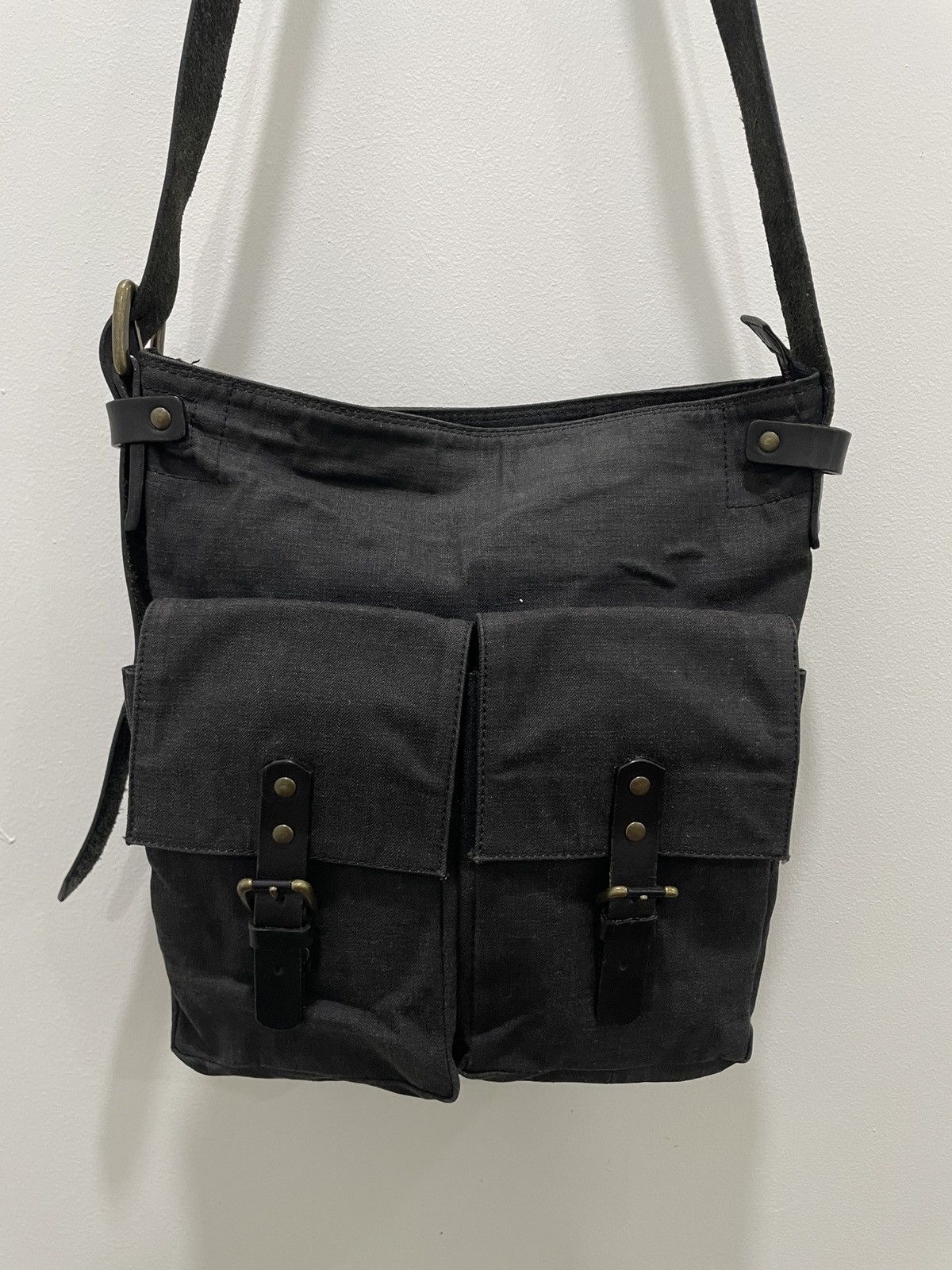 Dries Van Noten Black Canvas Leather Double Pocket Bag Military Style Size ONE SIZE - 2 Thumbnail