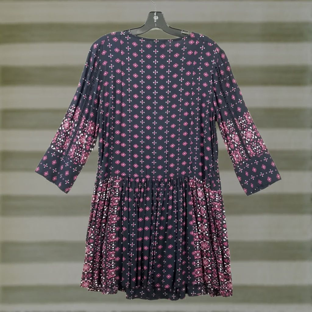 VINTAGE Anthropologie Vanessa Virginia Tunic Dress Boho Beaded Embroidered Multicolor Geometric 3/4 Sleeve Mini Short Dress Womens
