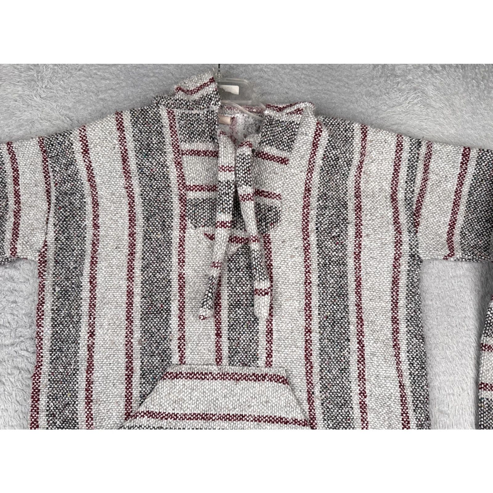 Baja Hoodie Mens Medium Gray Striped Kangaroo Pocket Hippie Drug Rug Poncho