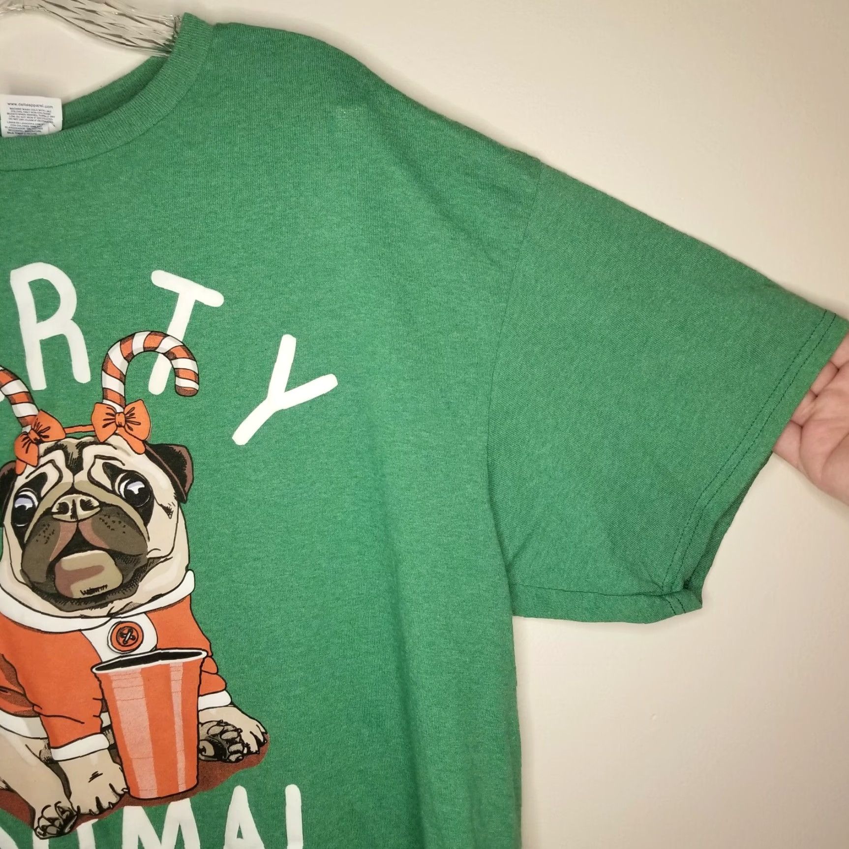 Vintage VINTAGE Party Animal Mens Green Christmas Pug Graphic T-Shirt XL Men Size US XL / EU 56 / 4 - 4 Thumbnail