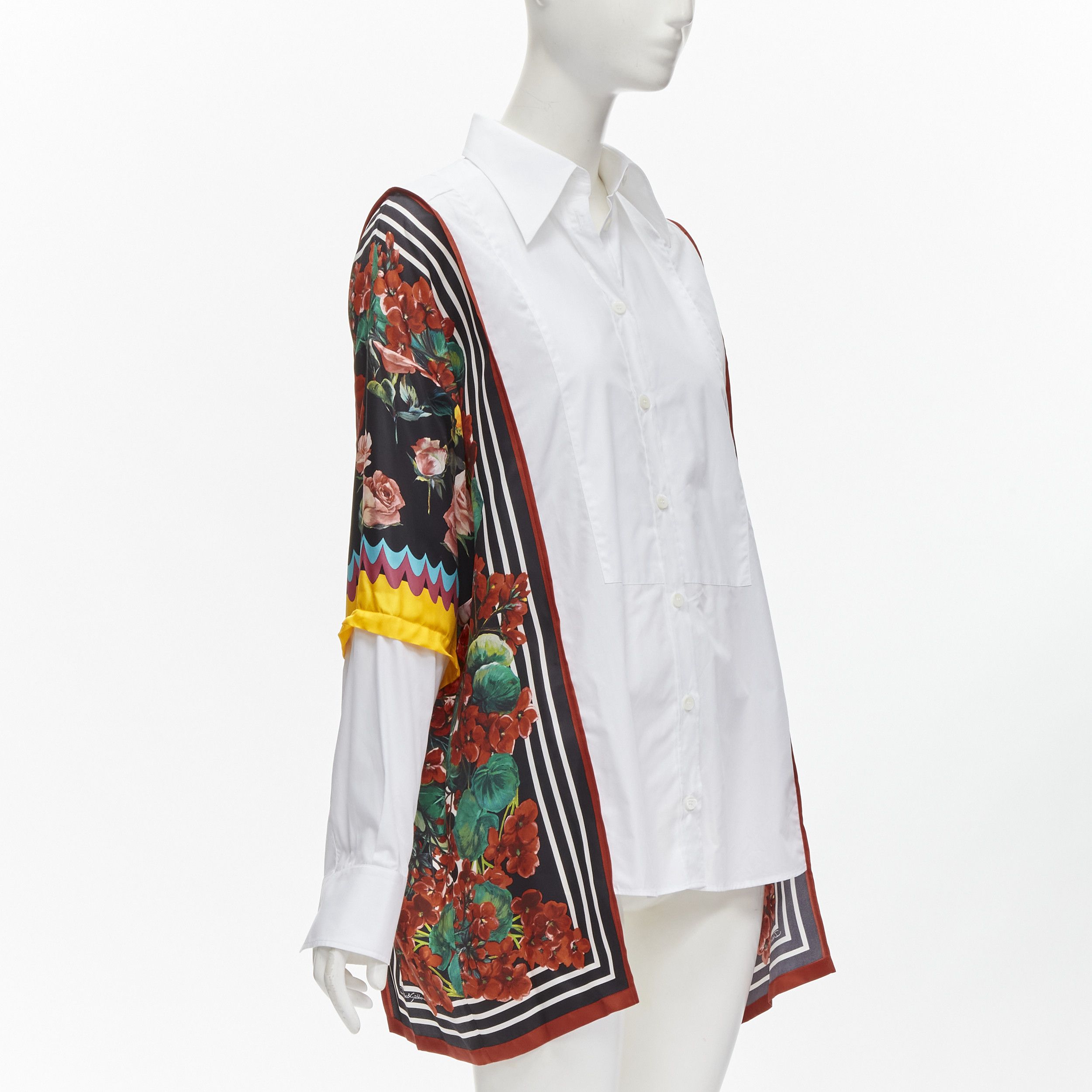 Dolce & Gabbana DOLCE GABBANA red yellow floral scarf silk insert white high low shirt IT38 XS Size XS / US 0-2 / IT 36-38 - 1 Thumbnail