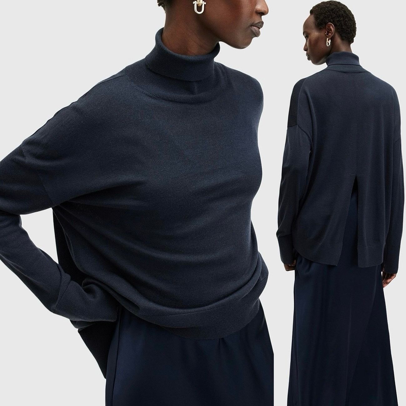 Allsaints Allsaints Navy Blue Wool Neo Turtleneck High-Low Sweater Size L / US 10 / IT 46 - 8 Thumbnail