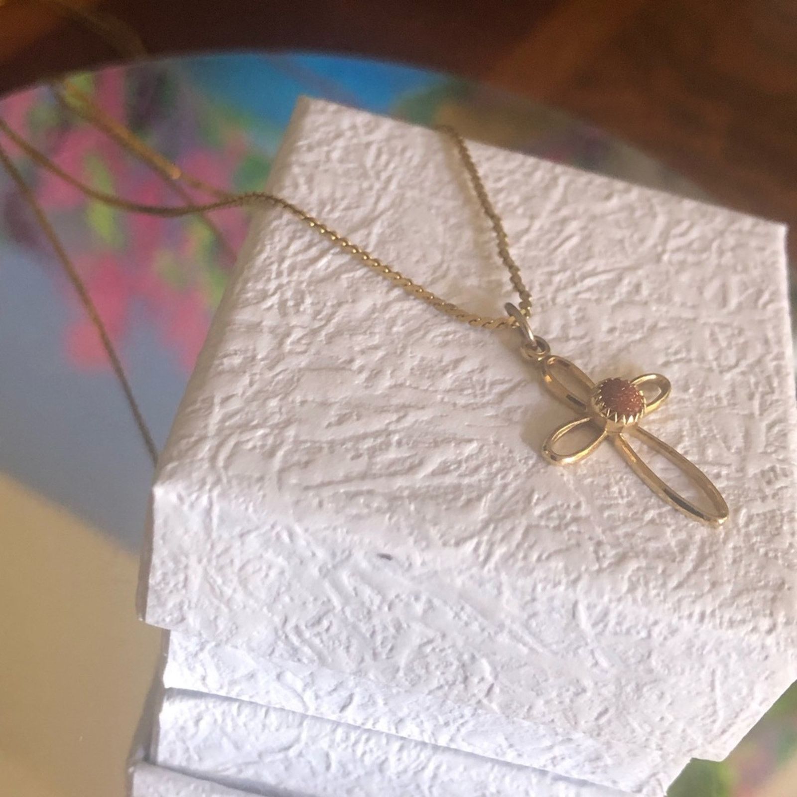 Vintage Vintage genuine goldstone cross pendant on chain necklace Size ONE SIZE - 8 Thumbnail