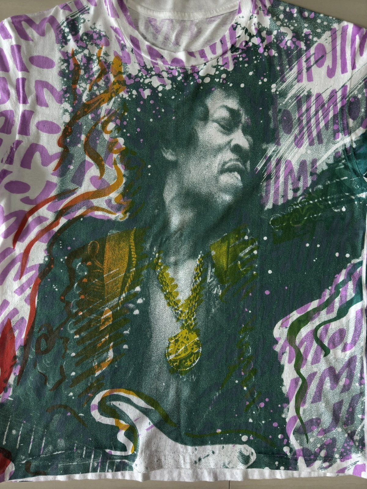 Band Tees × Vintage 90s Jimi Hendrix AOP All Over Print VTG Rock Tee Hanes Shirt Size US L / EU 52-54 / 3 - 6 Thumbnail