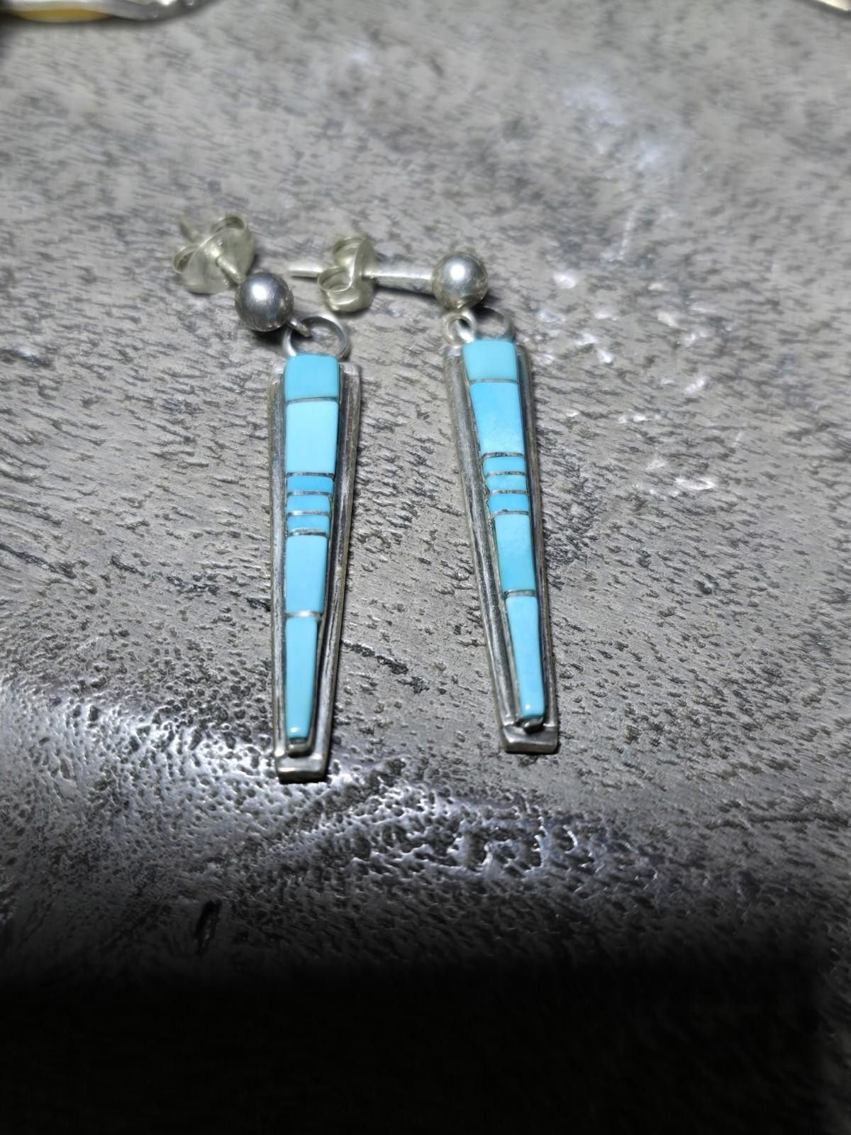 Other Zuni R Natachu Sterling Silver Turquoise Inlay Drop Earrings Size ONE SIZE - 6 Thumbnail