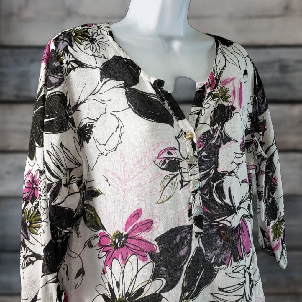 Habitat Habitat Womens Blouse 3/4 Sleeve Floral Linen White S Small Sheer Pink Black Victory 90s Vars? Size S / US 4 / IT 40 - 1 Thumbnail