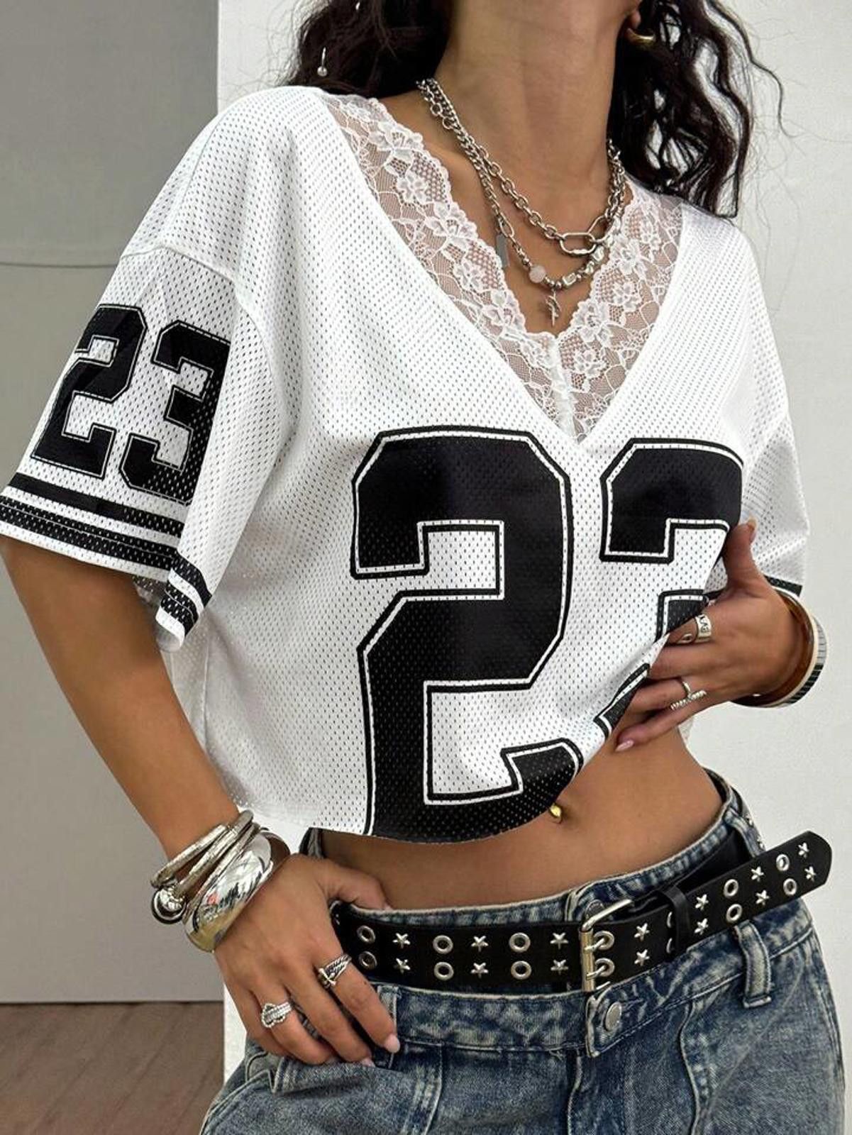 Other White and Black Lace Mesh Trim Crop Top Jersey Size ONE SIZE - 3 Thumbnail