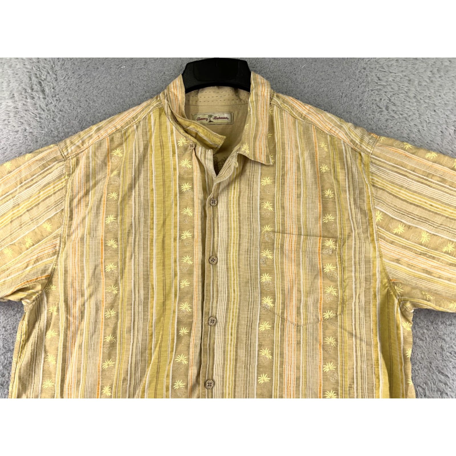 Tommy Bahama Tommy Bahama Shirt Men XL Yellow Stripe Pineapple 100% Silk Hawaiian Button-Up Casual Luxury Beach Vacation Resort Aloha Mens Size US XL / EU 56 / 4 - 4 Thumbnail