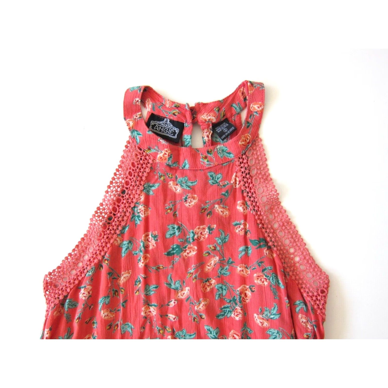 Vintage Angie Dress Womens S Pink 100% Rayon Floral Rose Green High Neck Tunic Tank Sun Dress Small Size S / US 4 / IT 40 - 3 Thumbnail