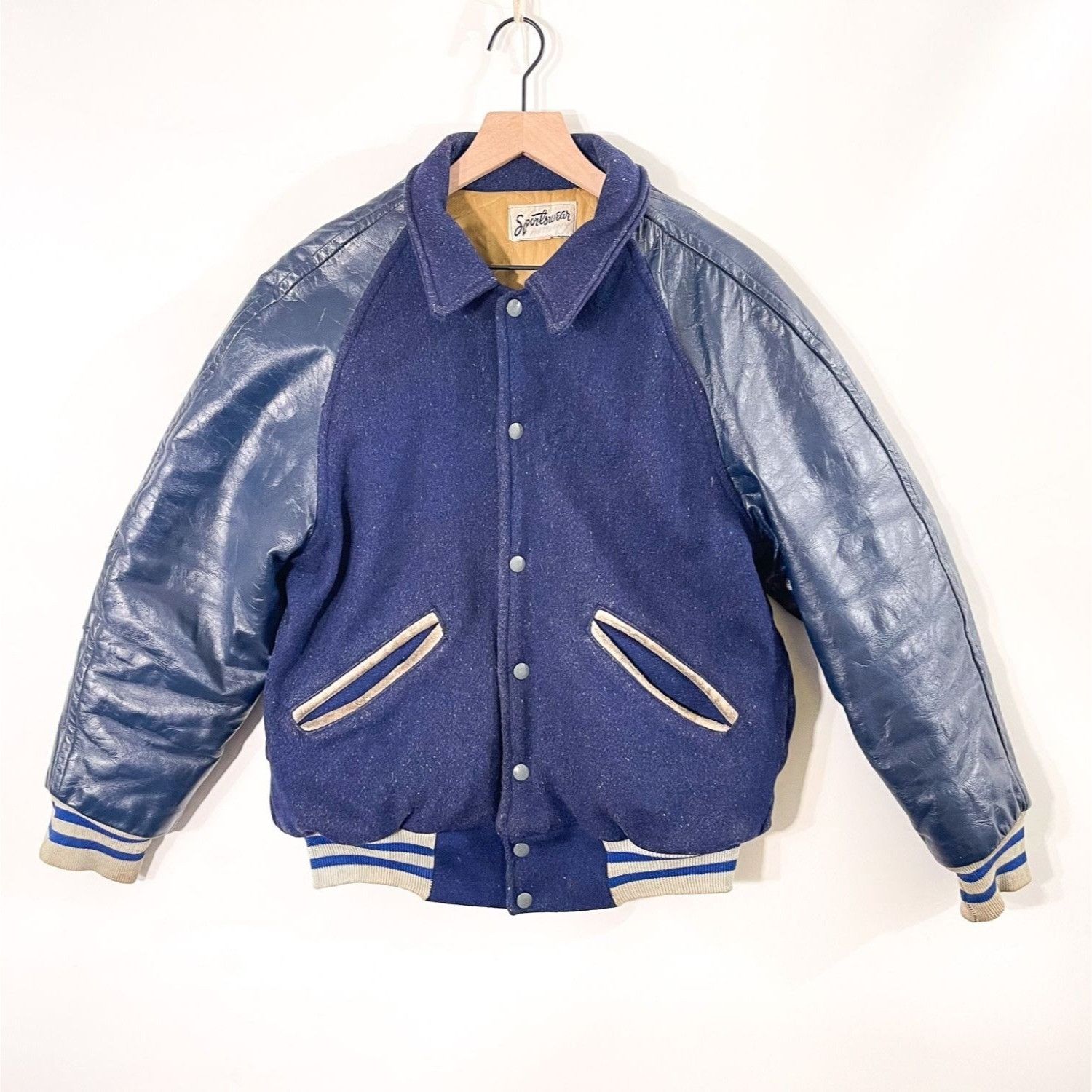 Vintage 1950s 1960s Leather Sleeve Collared Varsity Jacket Size US S / EU 44-46 / 1 - 1 Thumbnail