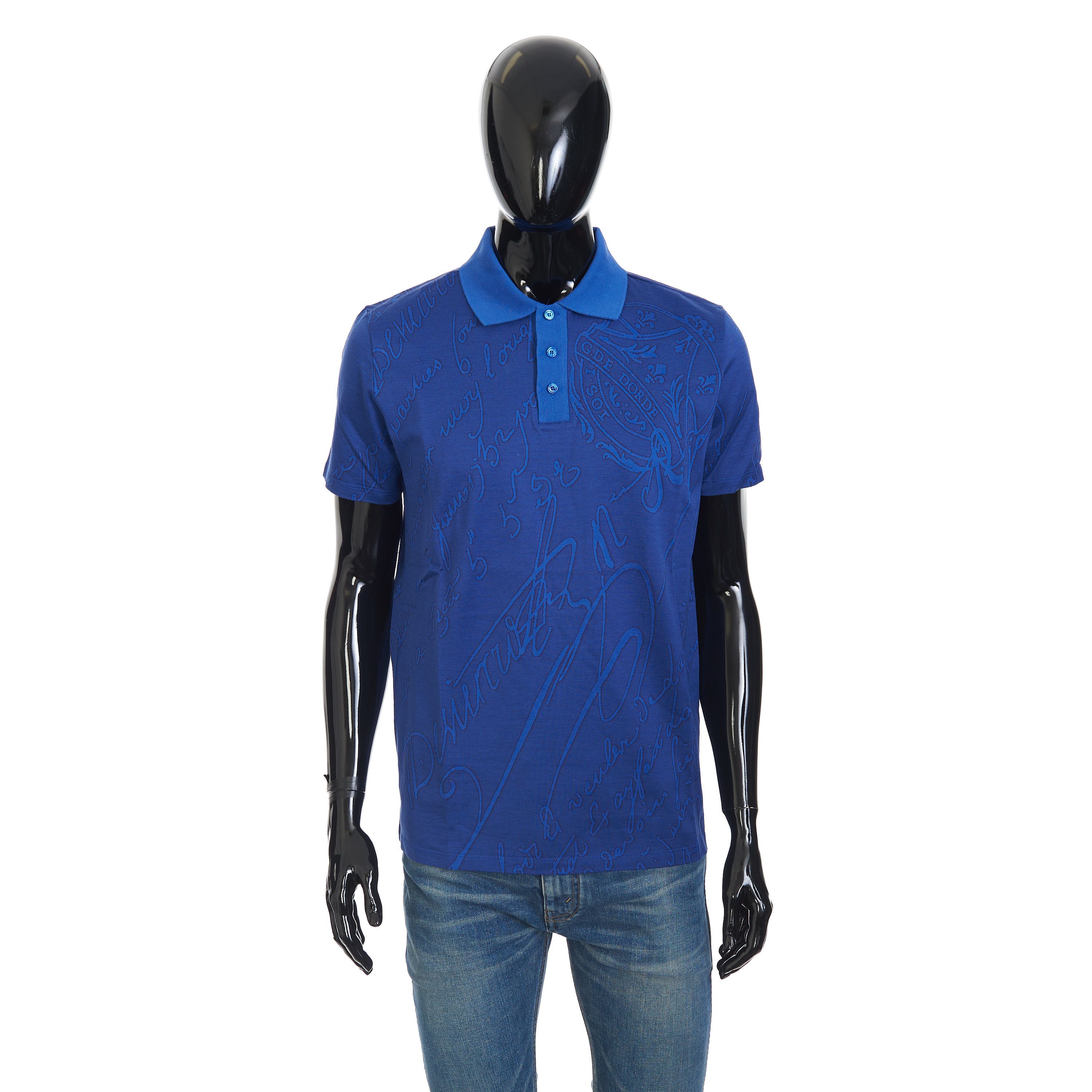 Berluti Polo Shirt In Vibrant Blue Scritto Jacquard Jersey Cotton Size US XS / EU 42 / 0 - 1 Thumbnail