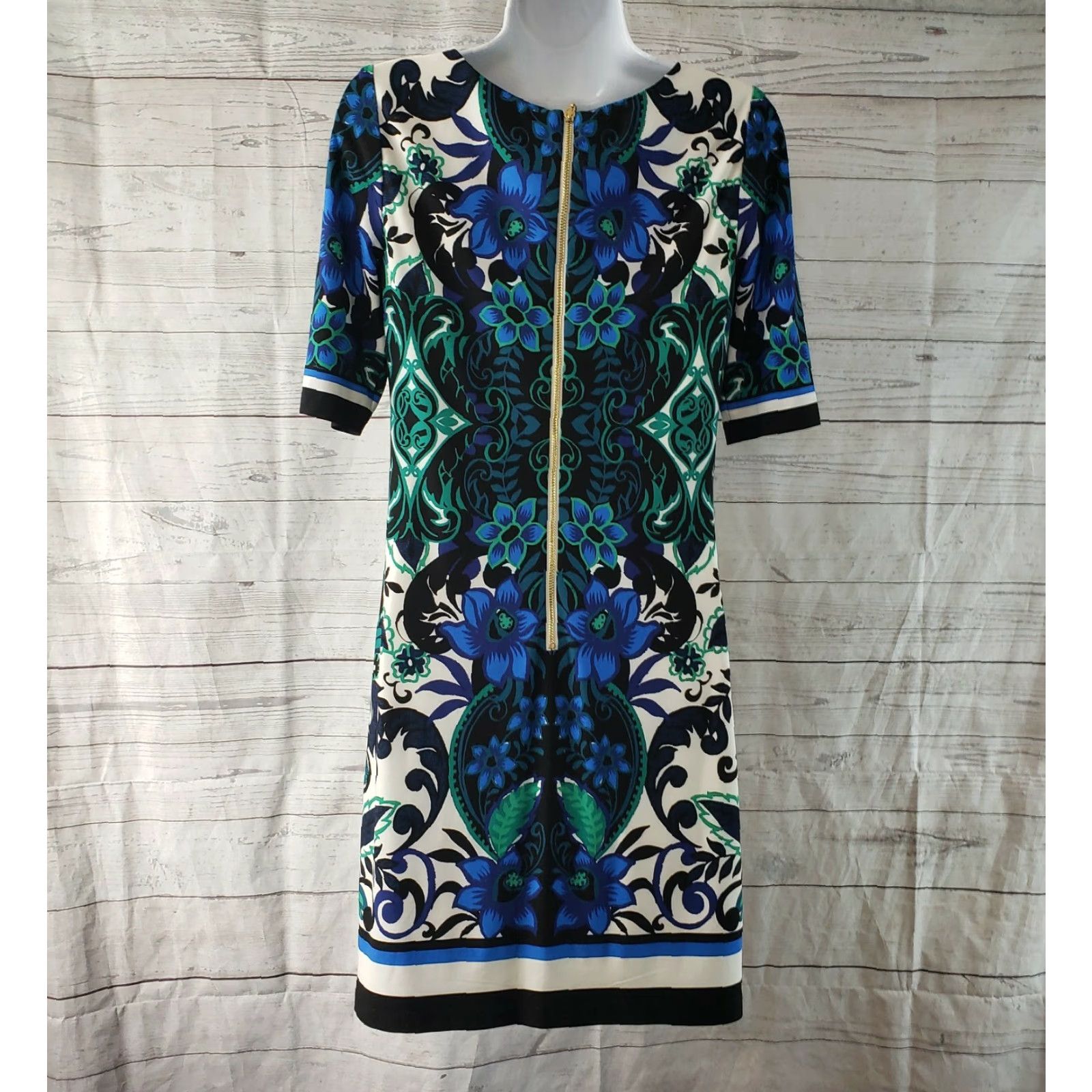 Vintage Eliza J Womens Dress Sz 2 Black Floral Half Sleeve Zip Knee Length Shift Polyester Blend Size XS / US 0-2 / IT 36-38 - 4 Thumbnail