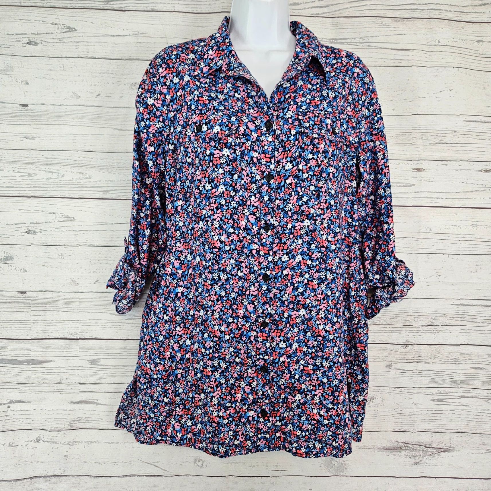Vintage Draper James Lands End Womens Linen Button Up Top Sz Medium Blue Pink Floral Shirt Adult M Blue Floral Button-Up Tunic Size M / US 6-8 / IT 42-44 - 2 Thumbnail