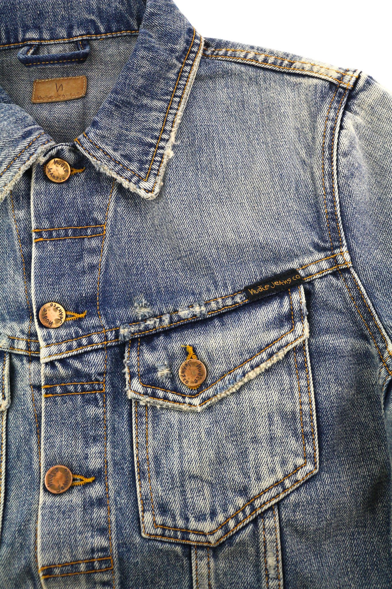Nudie Jeans BILLY S Shimmering Indigo Ripped Denim Logo Jacket 82490 Size US S / EU 44-46 / 1 - 6 Thumbnail