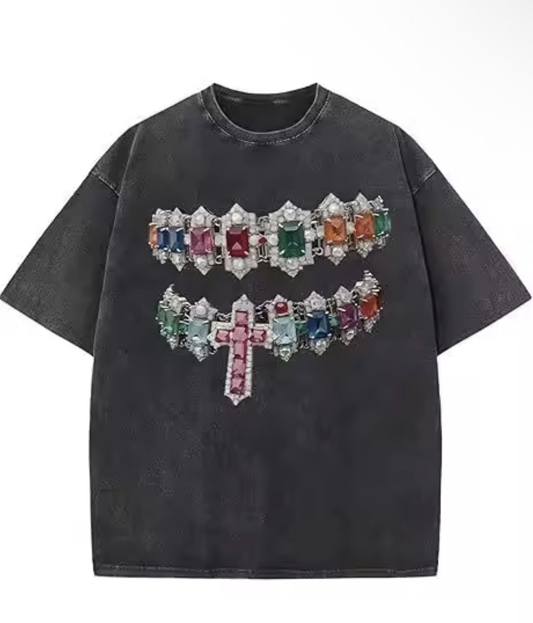 Japanese Brand Y2K Hip Hop Cross Diamond Teeth Bracelet Washed T-Shirt Size US S / EU 44-46 / 1 - 1 Thumbnail