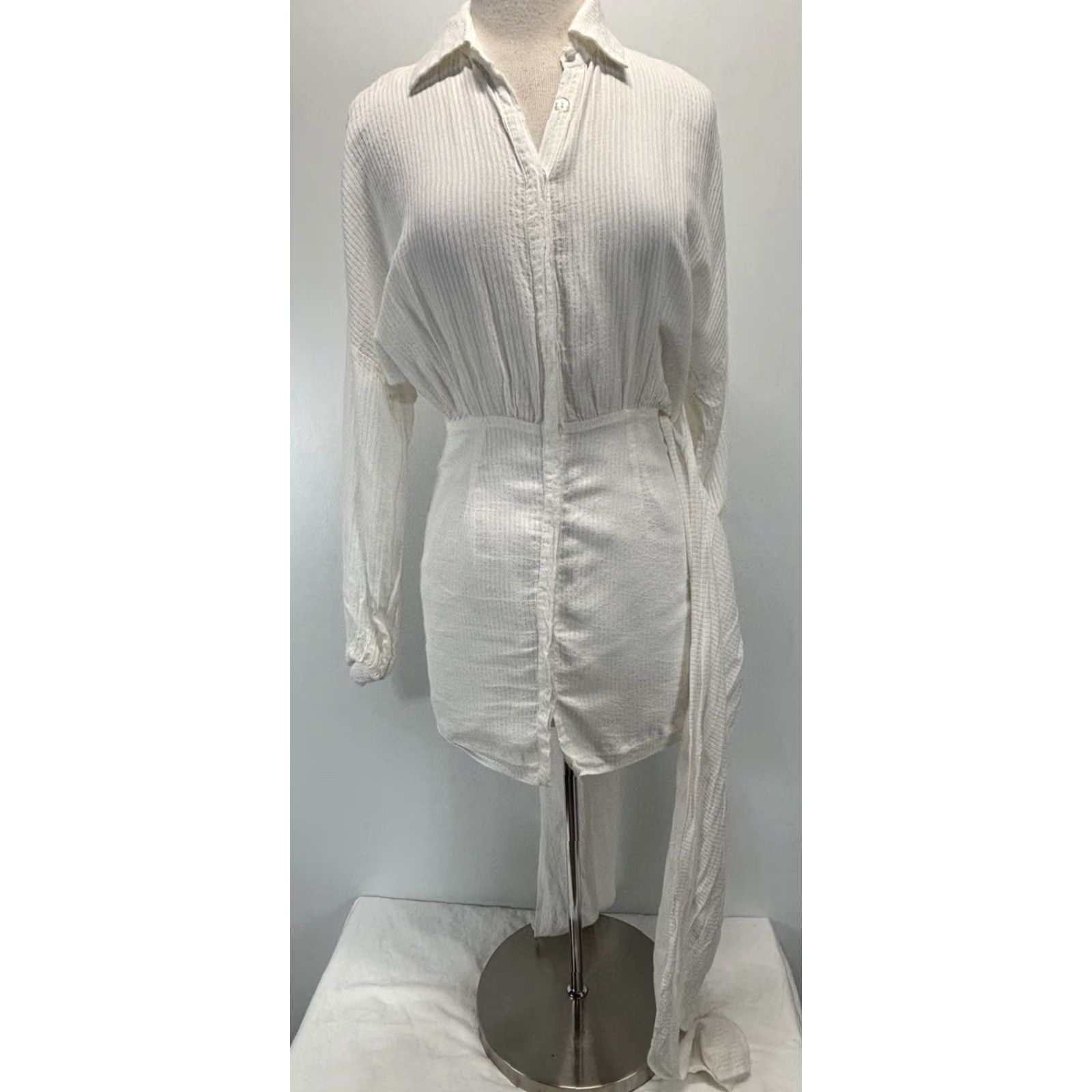 Vintage Atoir The Ava Shirt Dress - Womens Size 6 White Banana Fiber Mini Tie Waist Size M / US 6-8 / IT 42-44 - 7 Thumbnail