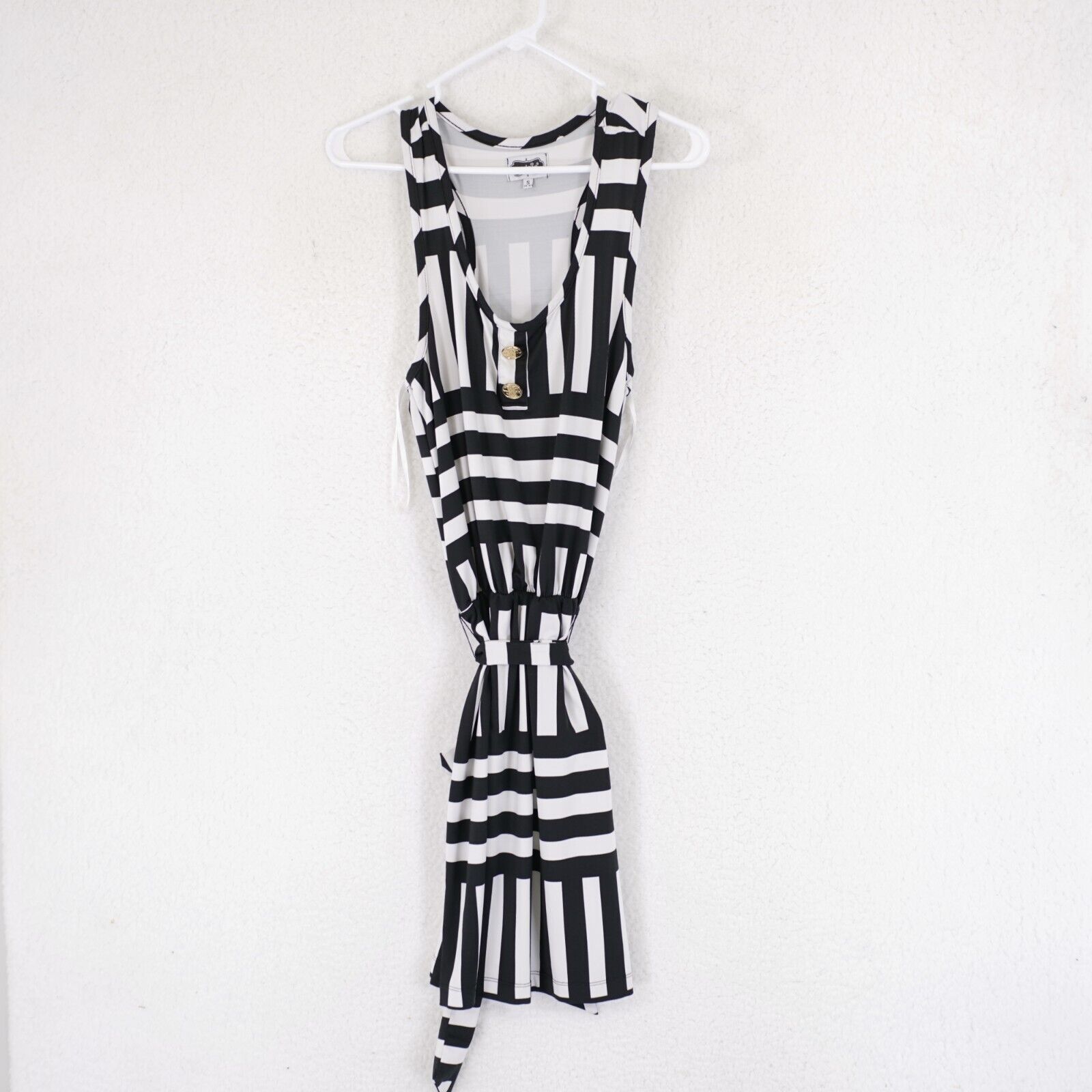 Designer Magpie Blue Small White Striped Plunging Neck Scrunch Belt D Size S / US 4 / IT 40 - 1 Thumbnail