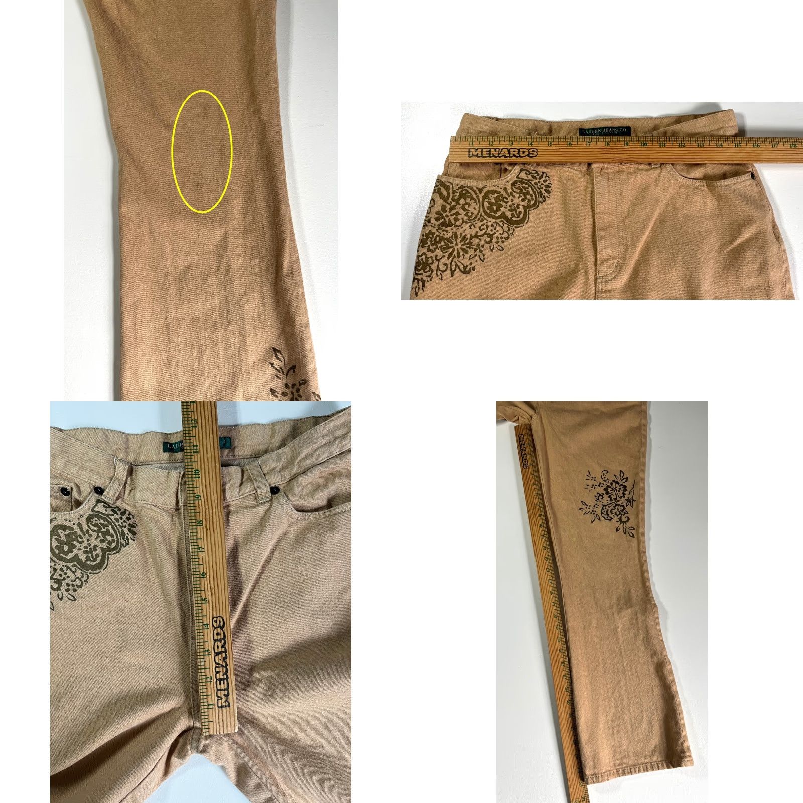 Ralph Lauren VINTAGE Lauren Ralph Lauren Women's Floral Stencil Flared Jeans Sz 8 Tan 90s Boho Jeans Size 30" / US 8 / IT 44 - 9 Thumbnail