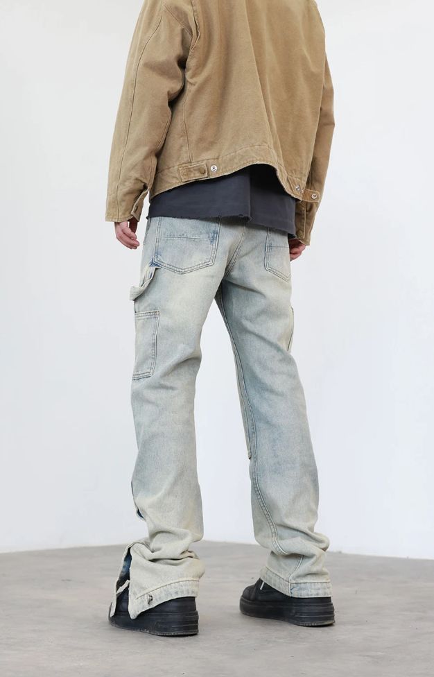 Jean Washed Disstress Spliced Straight Leg Pants Size US 36 / EU 52 - 2 Thumbnail