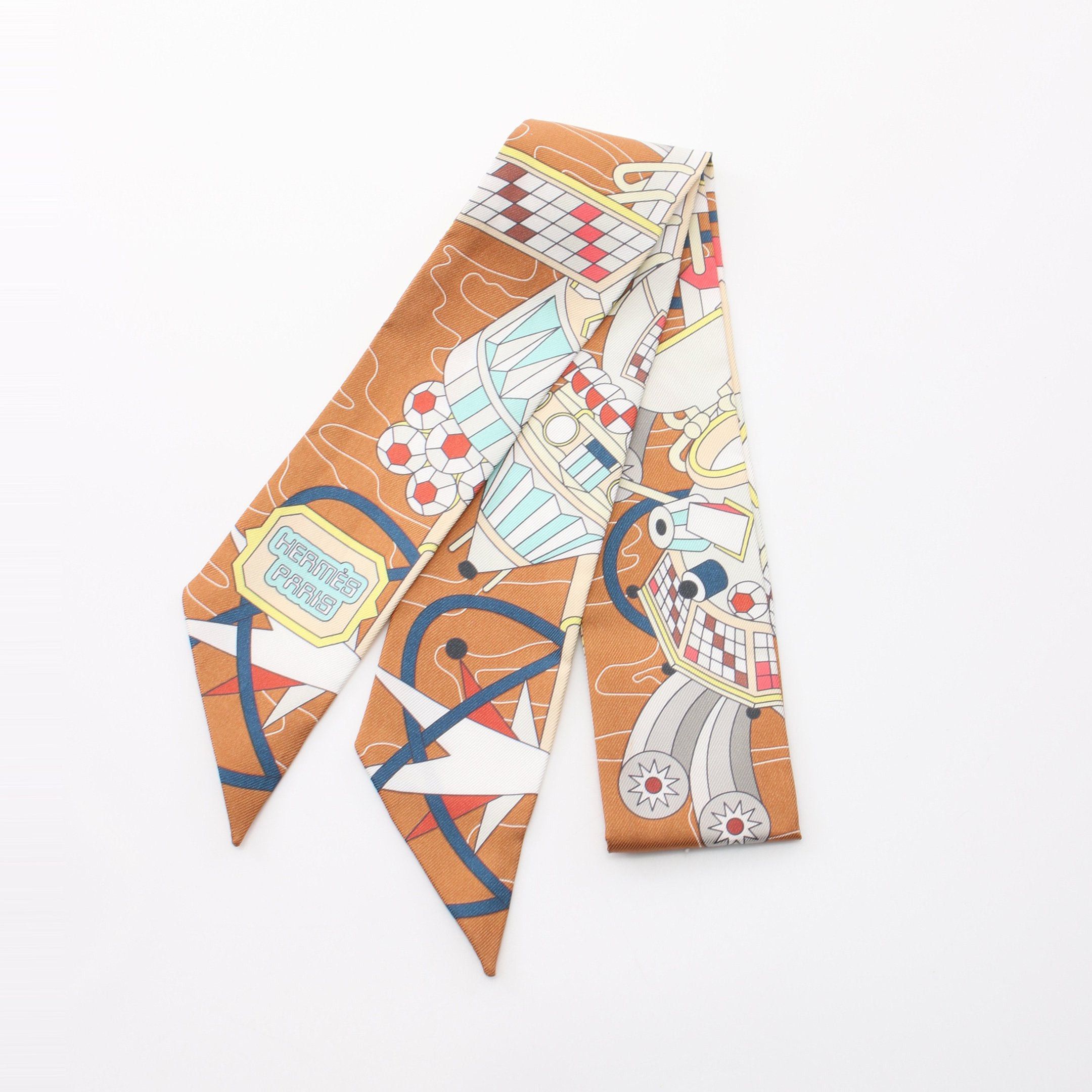 Hermes Twilly Odyssey Ribbon Scarf Silk Light Brown Multicolor
