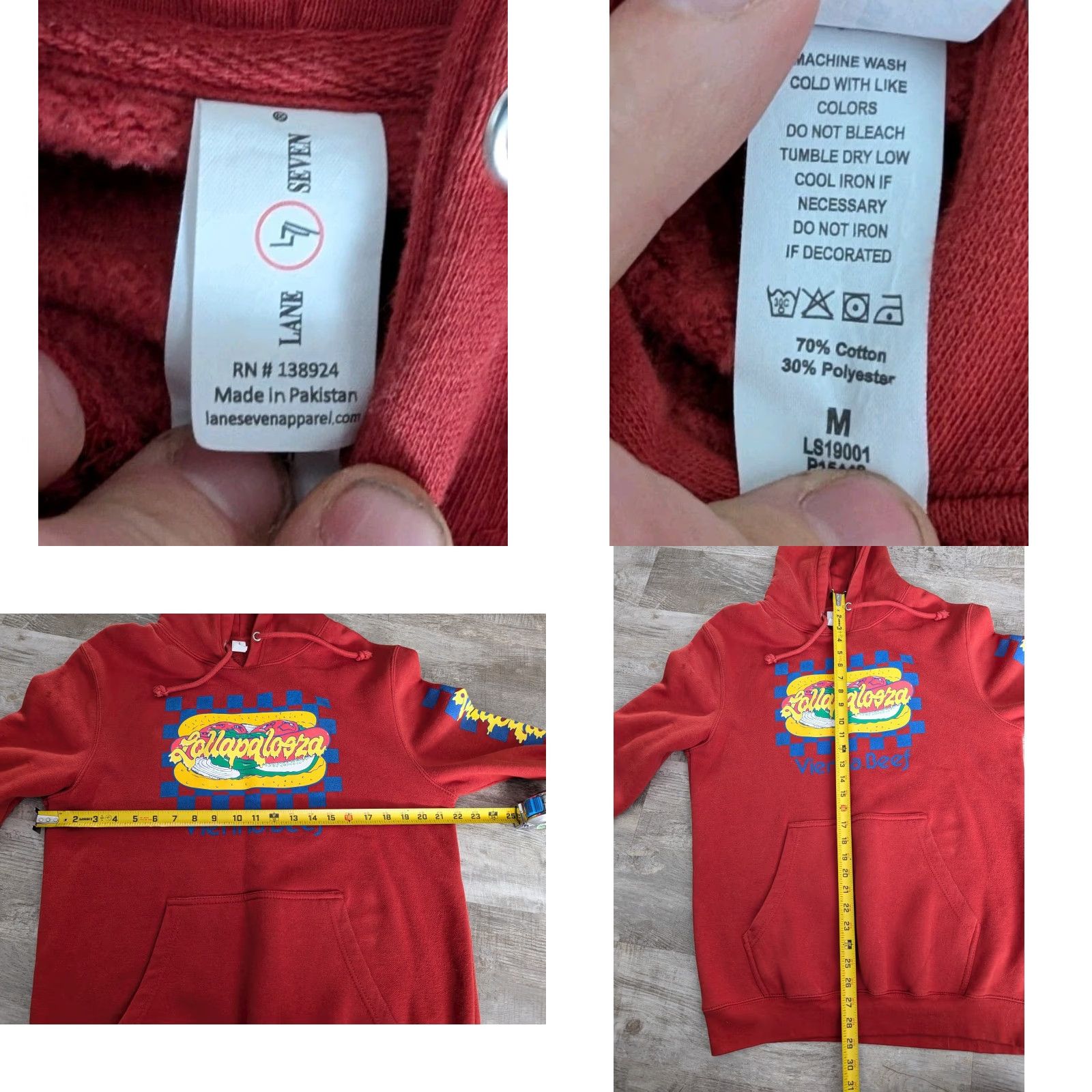 Vintage VINTAGE Lollapalooza Vienna Beef Hoodie Mens Medium Hooded Sweatshirt Brick Red Chicago Size US M / EU 48-50 / 2 - 8 Thumbnail