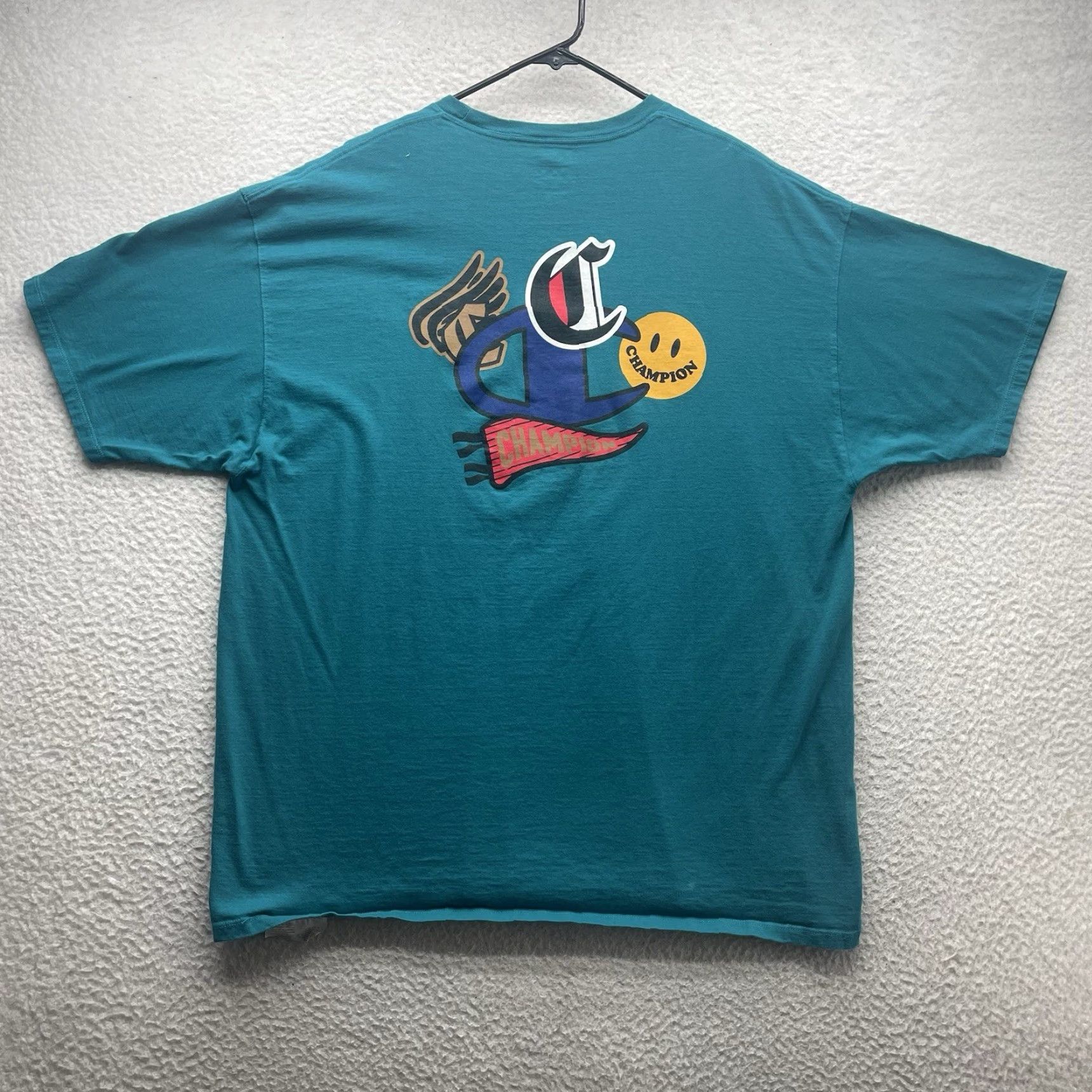 Champion Champion T-Shirt Mens 2XL Teal Graphic Print Smiley Face Pennant Logo Size US XXL / EU 58 / 5 - 6 Thumbnail