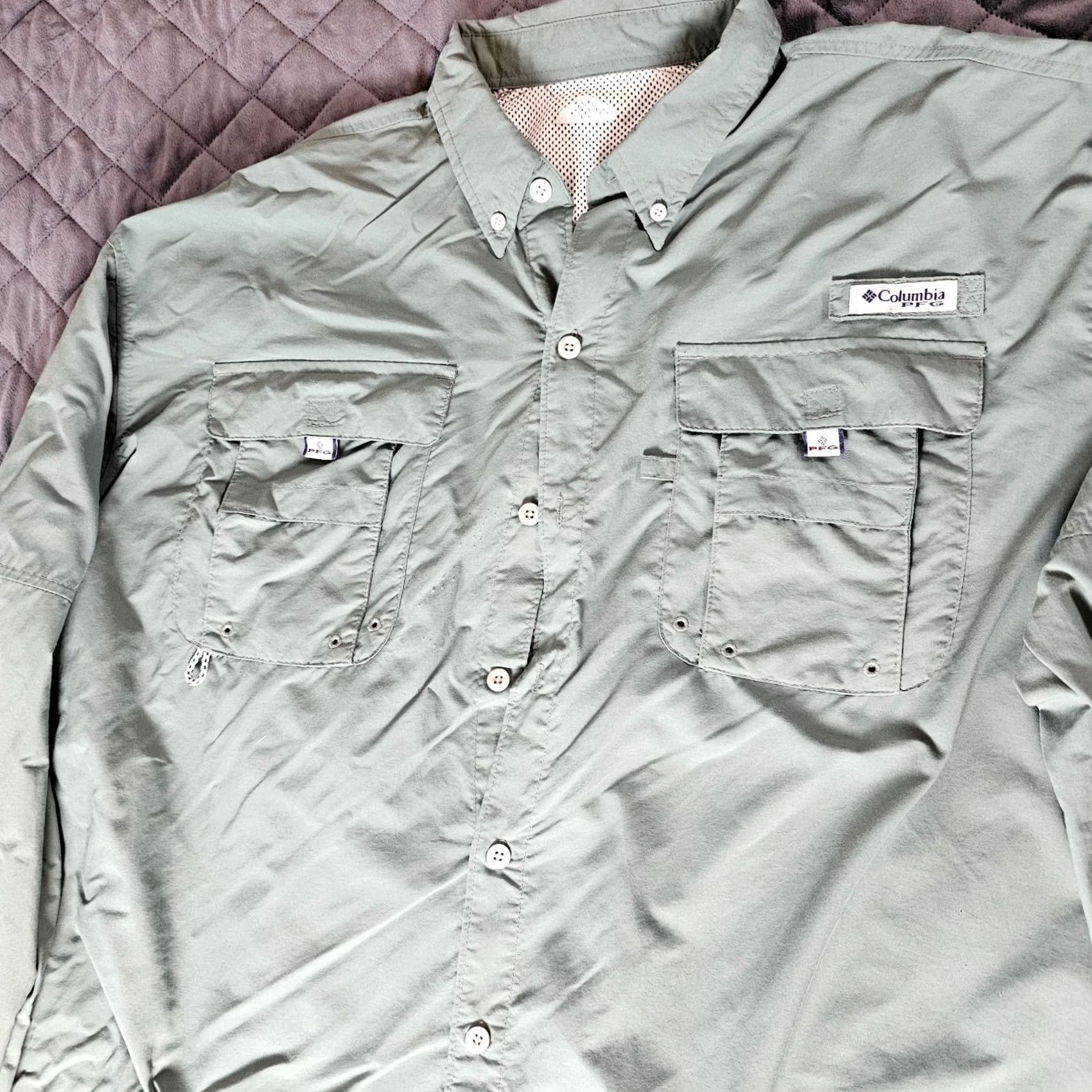 Vintage Columbia Shirt Men Large Green PFG Relaxed Fit Button-Up Long Sleeve UPF All Seasons Pockets Nylon Omni Shade Fish Pattern Logo Size US L / EU 52-54 / 3 - 3 Thumbnail