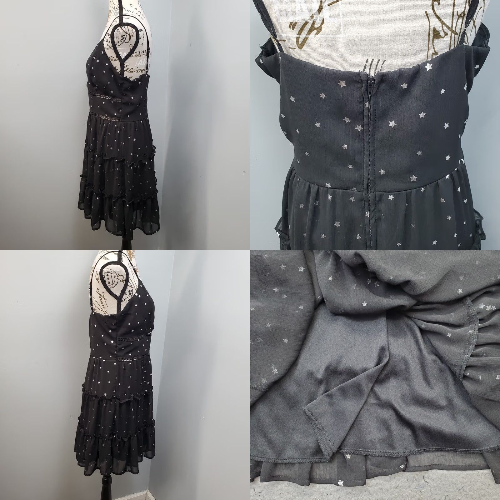 Vintage Trixxi Women’s Dress L Black & Gray Fit & Flare Sleeveless Midi Tiered Ruffle Party Back Zip V-Neck Star Print Size L Size L / US 10 / IT 46 - 8 Thumbnail