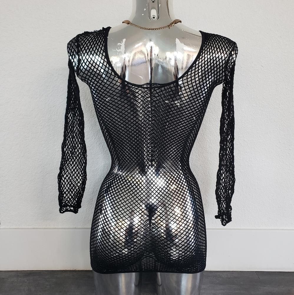 Designer Black Body Stocking Fishnet Long Sleeve Mini Size ONE SIZE - 2 Thumbnail