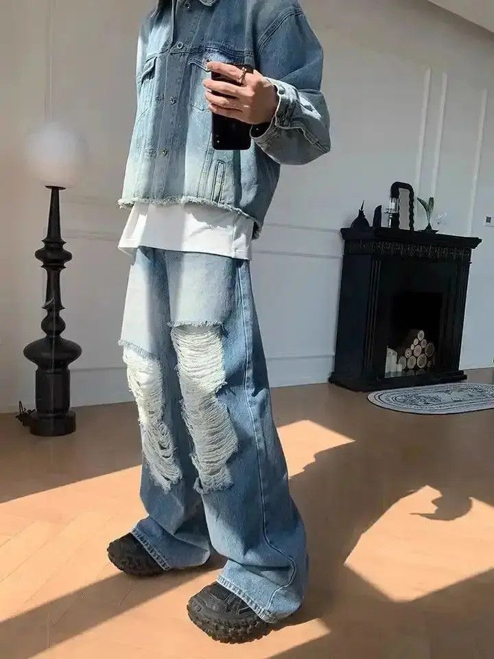 Japanese Brand Y2k Men Baggy Jeans Big Size Ripped Holes Wide Leg Denim Size US 32 / EU 48 - 4 Thumbnail