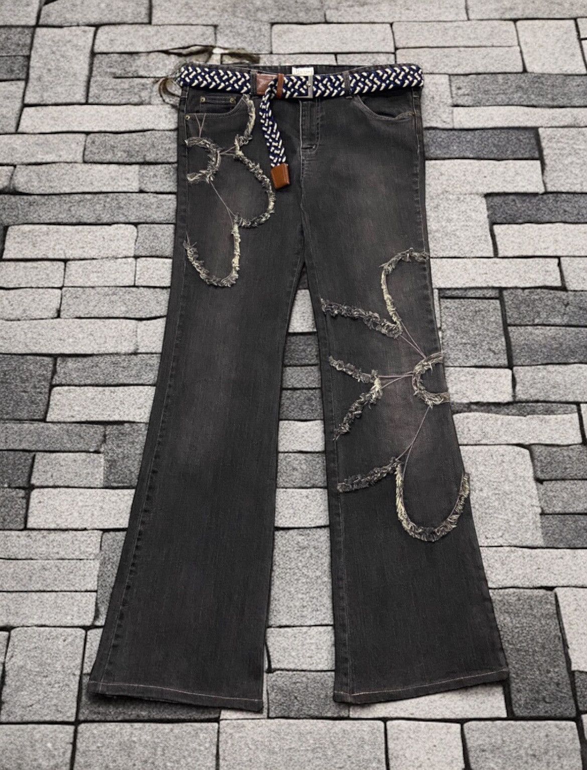image of Vintage Emma James Art Reworked Plait Belt Flare Jeans in Dark Grey, Men's (Size 31)