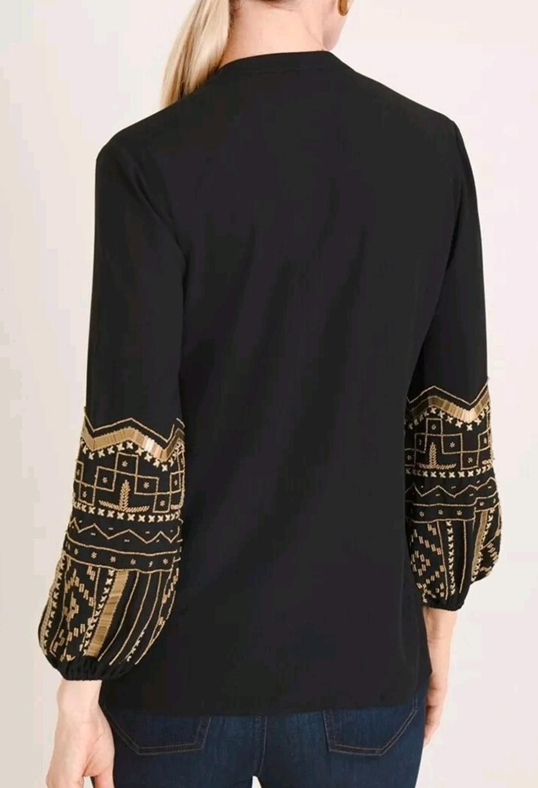 Chicos Chico's sz 2 V-Neck Black Blouse Top Gold Beaded Embellished Size L / US 10 / IT 46 - 3 Thumbnail